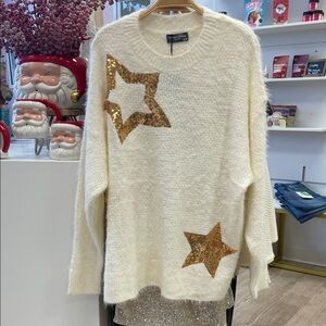 Women's Cream Sweater with Gold Star Accents- S/M Sweet and Lovely Jen